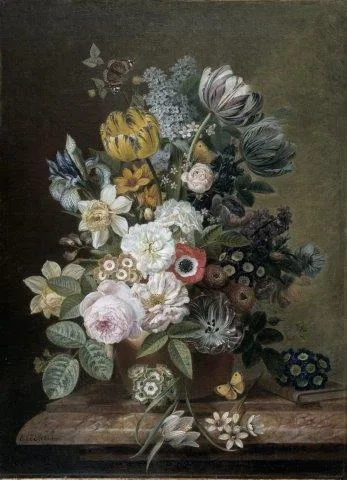 Vintage floral still-life painting with pink roses, yellow tulips, and white flowers in a vase on dark background