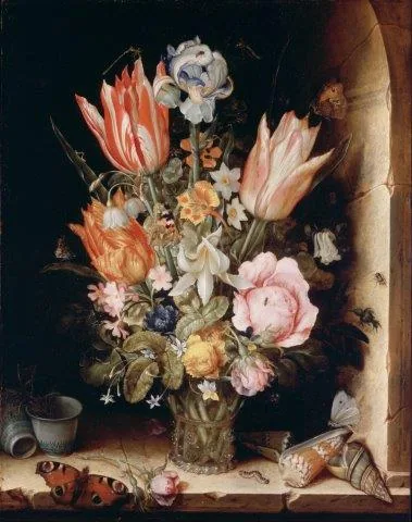 Still-life floral mural with pink tulips, white iris, and roses in a glass vase on dark background