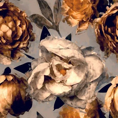 Dried roses in cream and golden brown with dark leaves on pale background, repeating vintage pattern