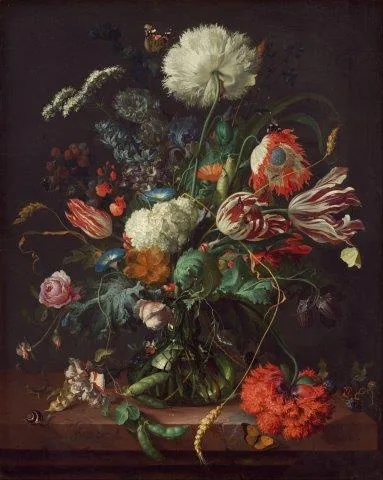 Vintage floral still life with white and red peonies, striped tulips, and green foliage on dark background