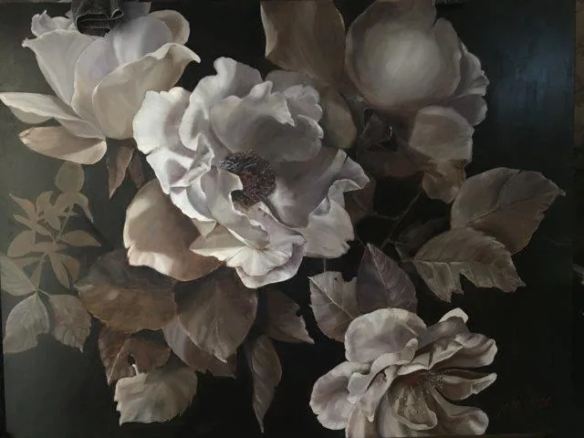Vintage botanical mural with cream and taupe peonies and roses on dark background