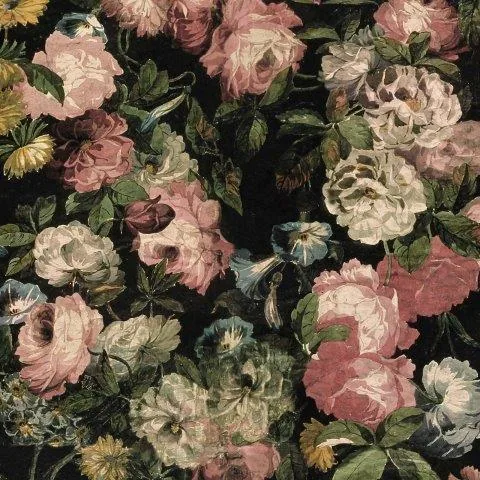 Vintage wallpaper pattern with pink, cream, and mauve roses and green leaves on black background