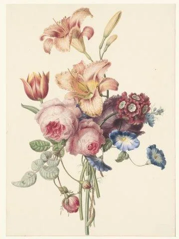 Vintage botanical illustration of pink roses, lilies, and blue flowers in a glass vase on cream background.