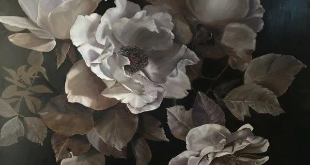 White and cream peonies with brown-grey foliage on dark background floral pattern