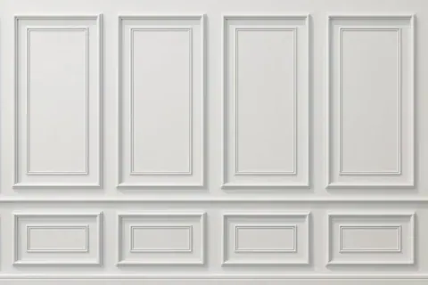 White raised panel wallpaper mural with nested rectangular frames creating dimensional shadow effects.