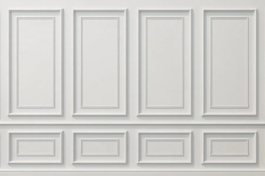 White raised panel wallpaper mural with nested rectangular frames creating dimensional shadow effects.