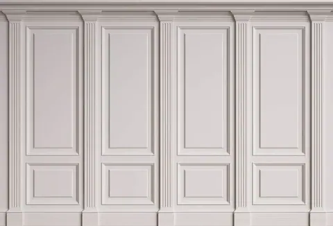 Four-panel white wainscoting with vertical fluting and recessed rectangular panels