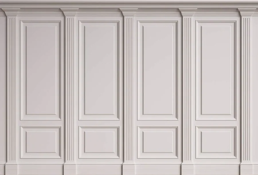 Four-panel white wainscoting with vertical fluting and recessed rectangular panels