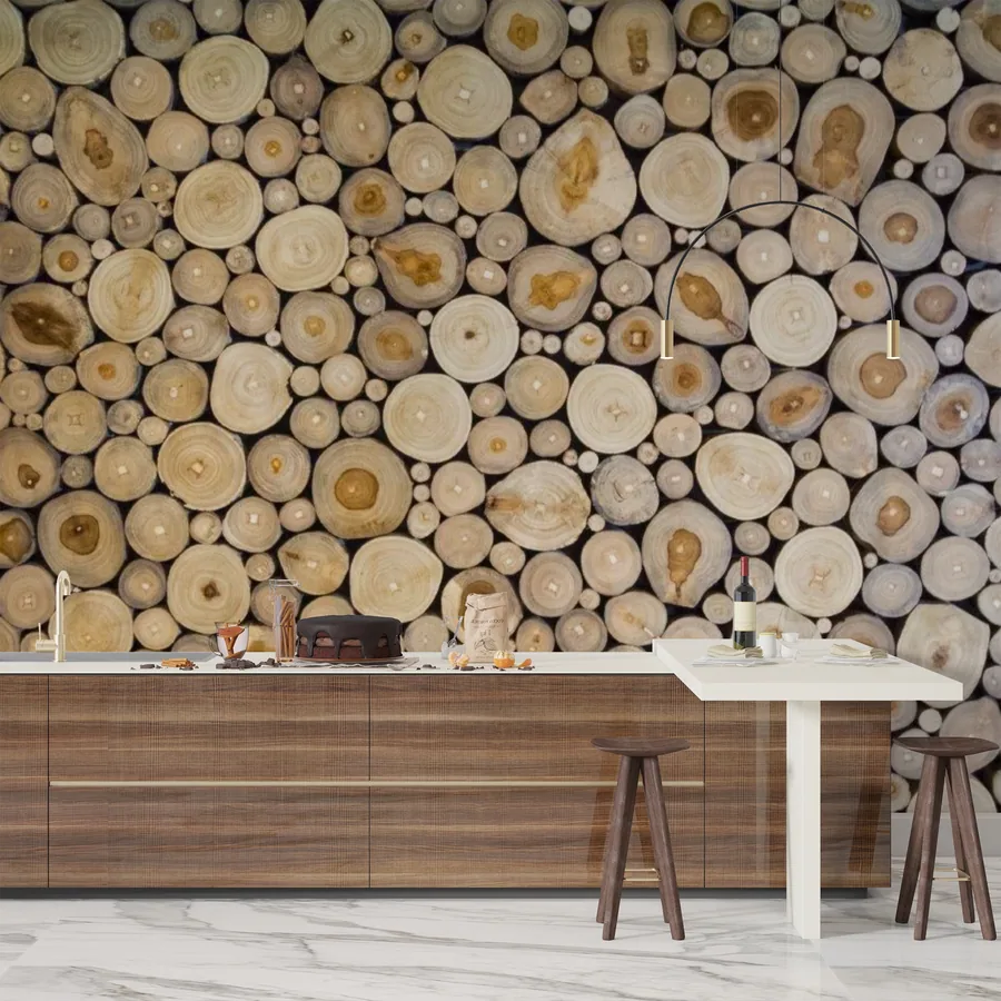 Wood slice cross-sections wallpaper with warm natural tones and tree rings texture