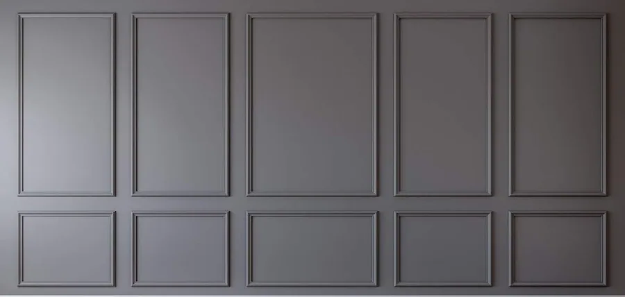 Repeating grey 3D panel pattern with raised rectangular frames creating dimensional wall texture