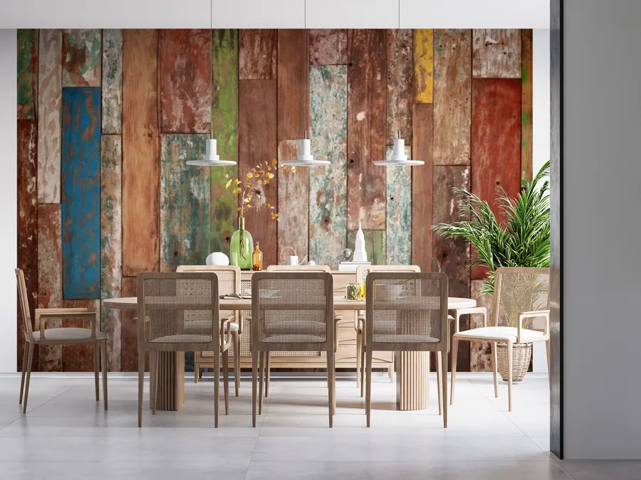 Distressed mixed wood plank wall mural with varied colored timber boards in warm and cool earth tones.