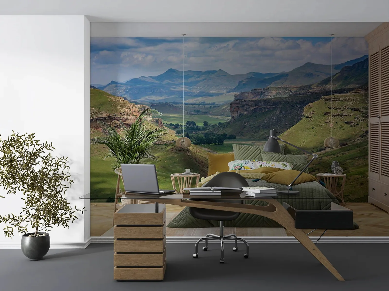 Landscapes wallpaper shown on a wall in a styled room