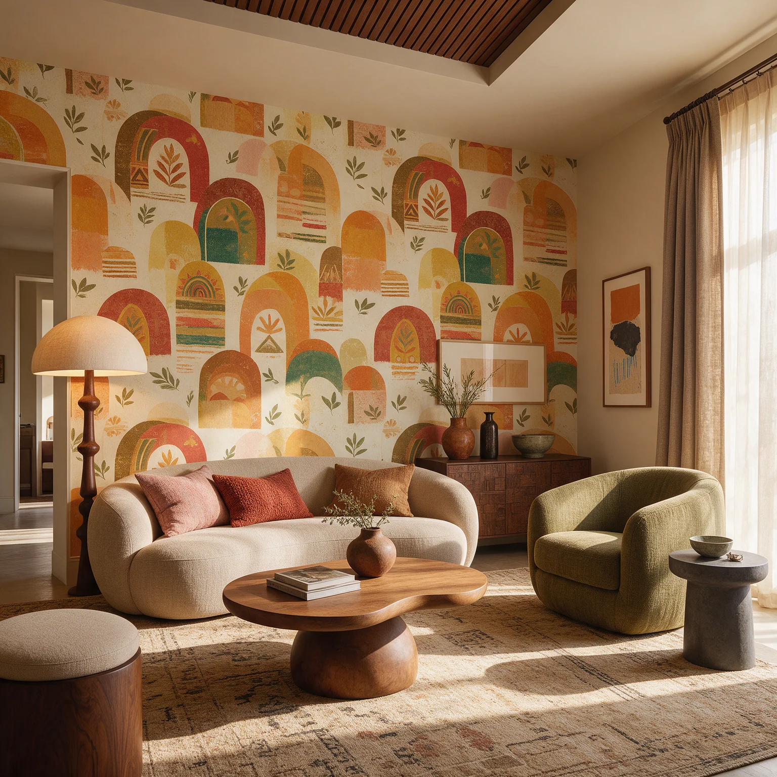 Boho Patterns wallpaper shown on a wall in a styled room