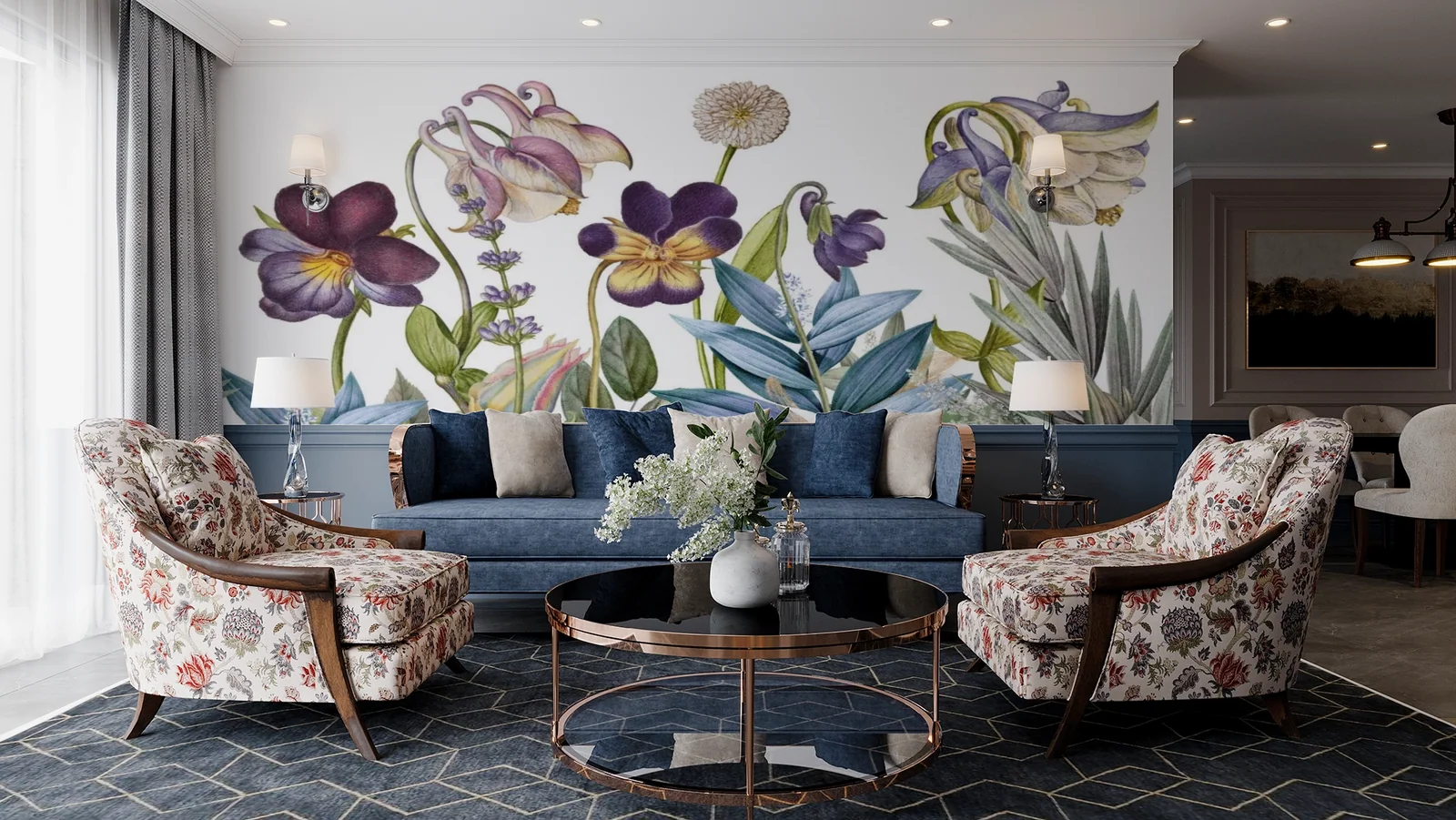Botanical wallpaper shown on a wall in a styled room