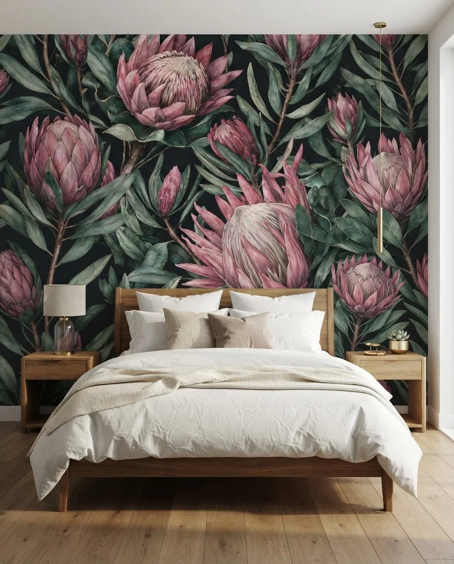 Botanical wallpaper shown on a wall in a styled room