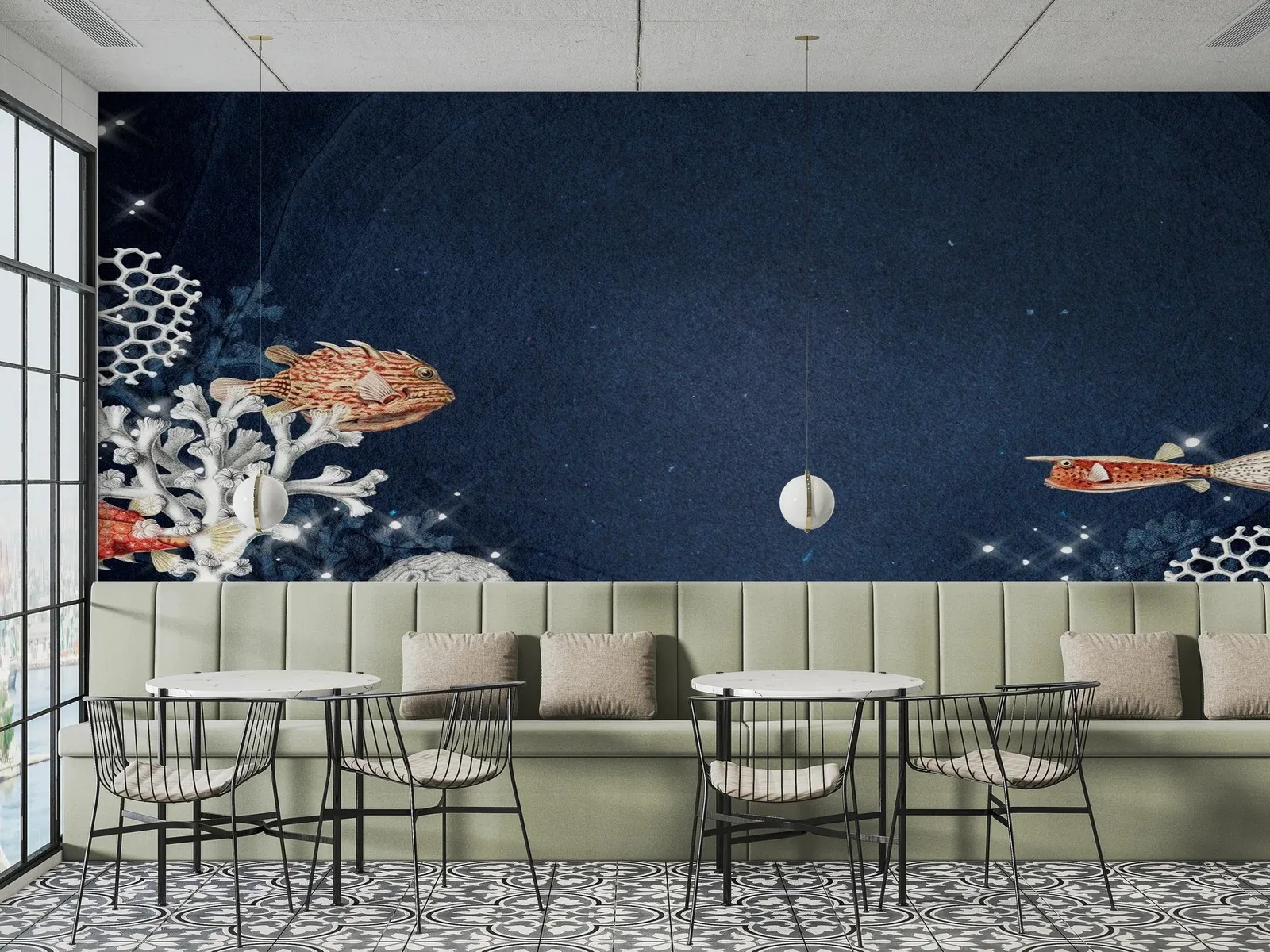 Ocean wallpaper shown on a wall in a styled room