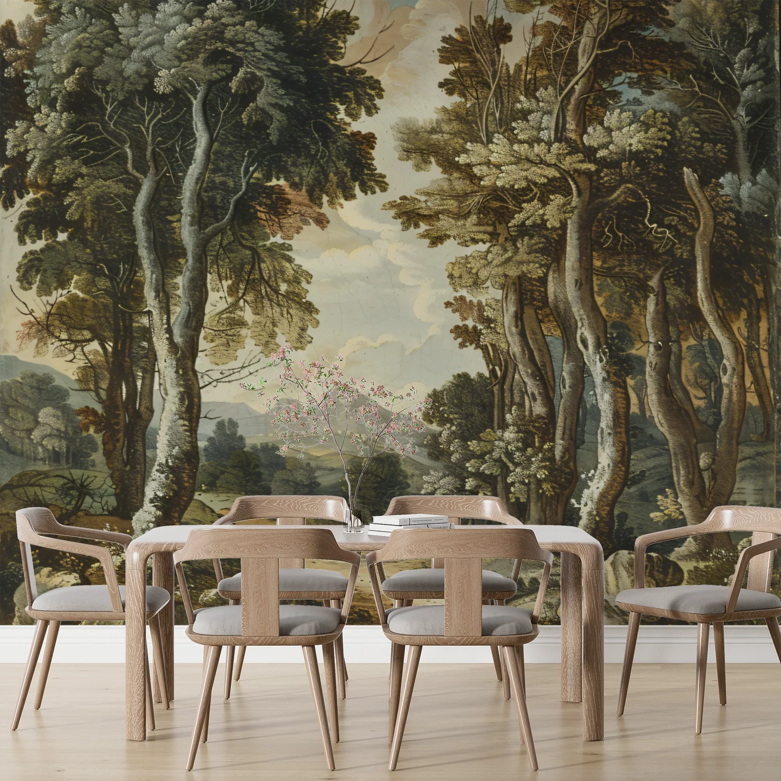 Painted Landscapes wallpaper shown on a wall in a styled room