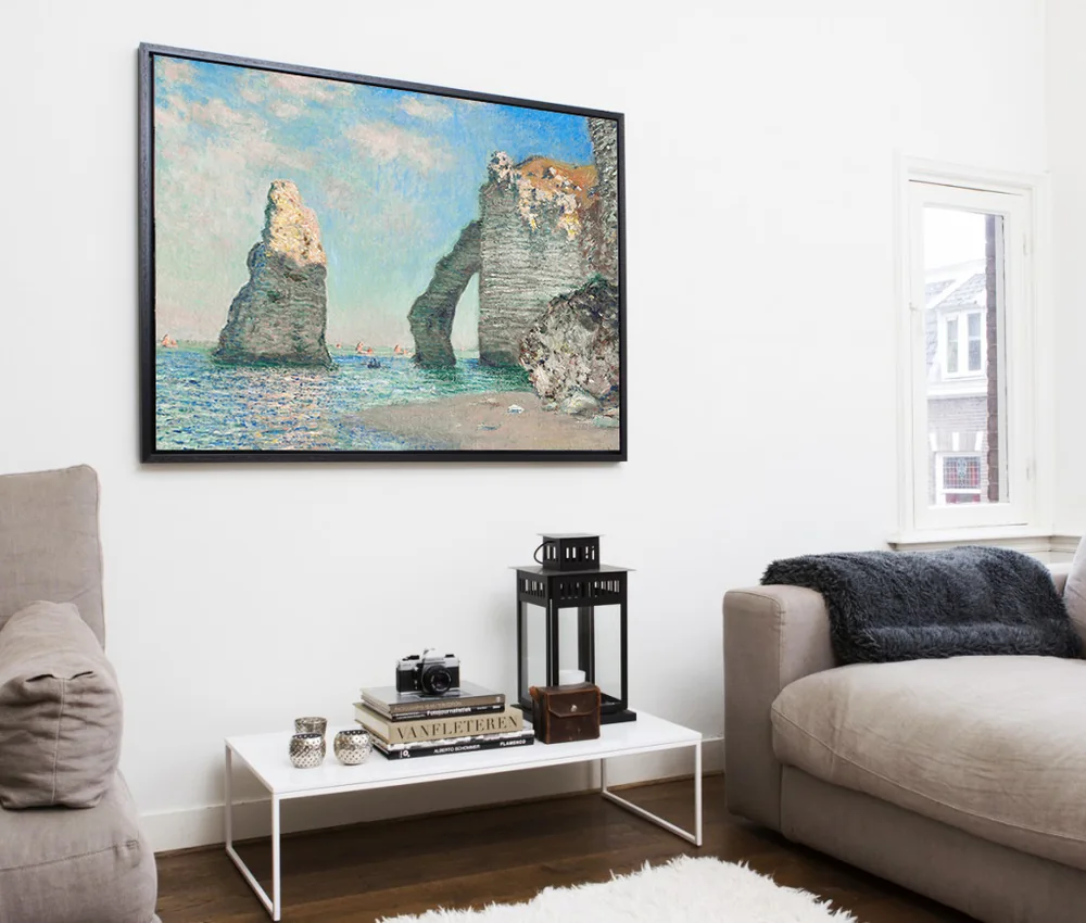 Floating framed canvas of Cliffs at Etretat in a living room