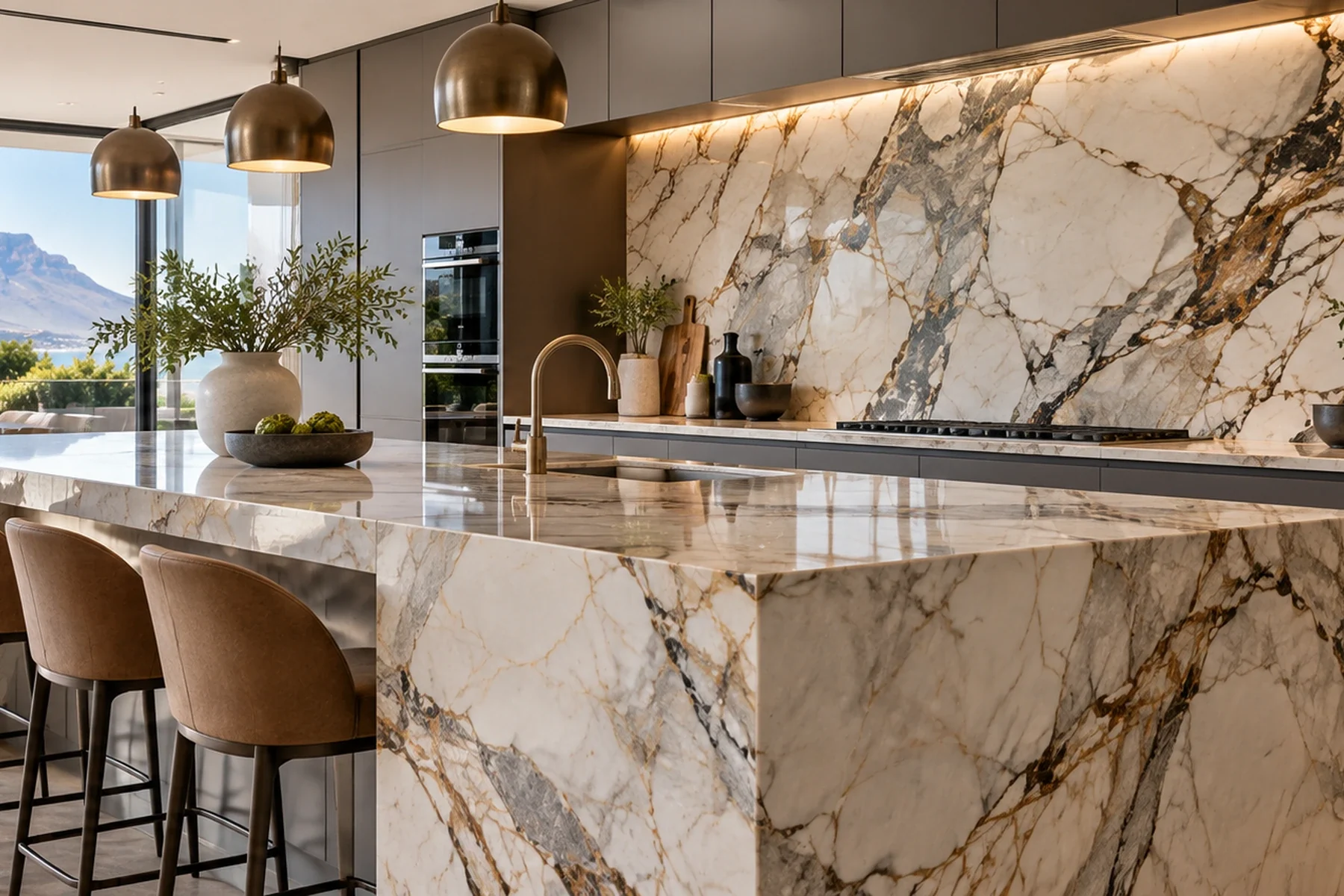 Luxury marble slab bathroom vanity in a warm modern interior