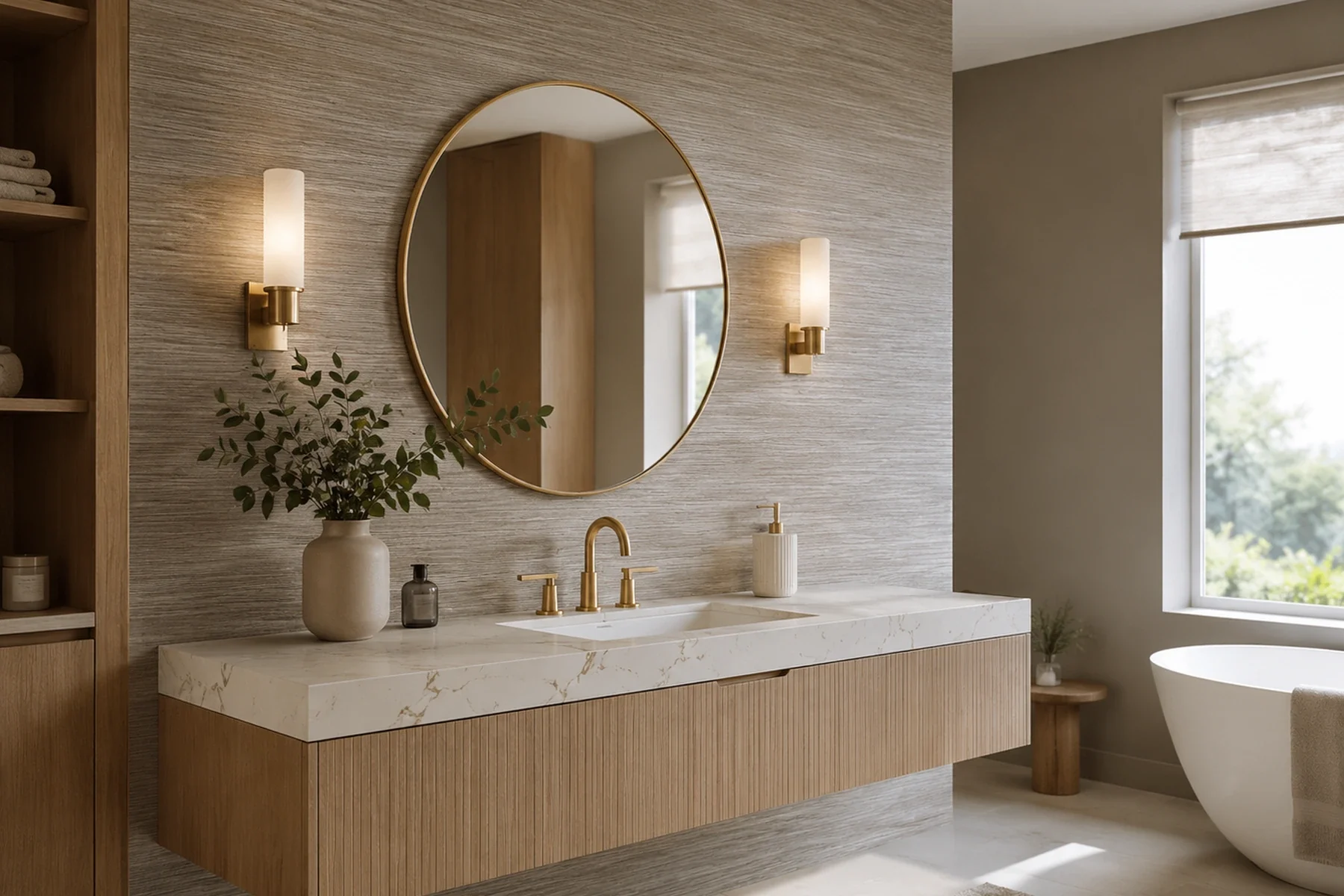Dark marble feature wall in a luxury bathroom