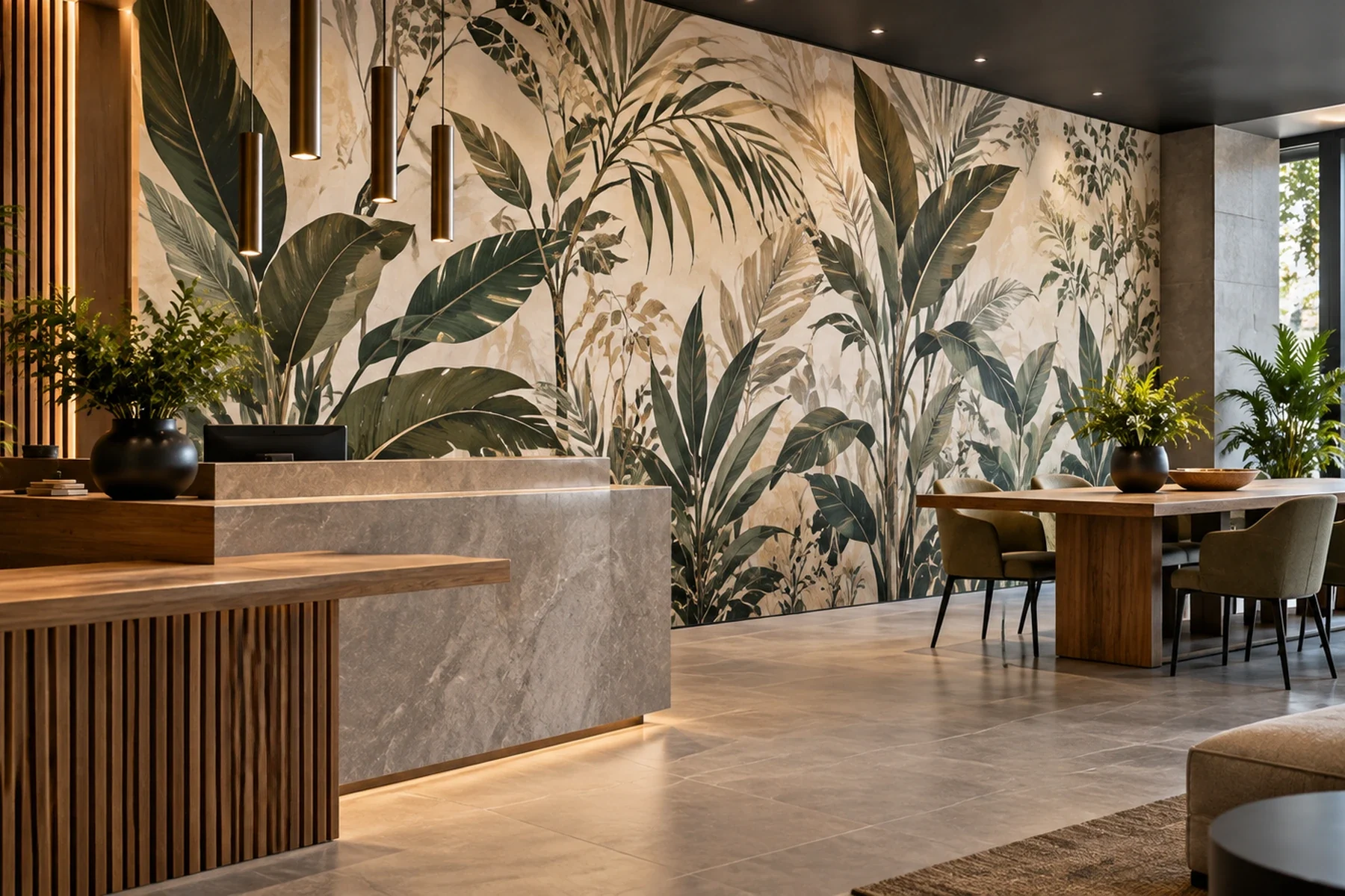 Custom printed botanical wall vinyl in a modern commercial interior