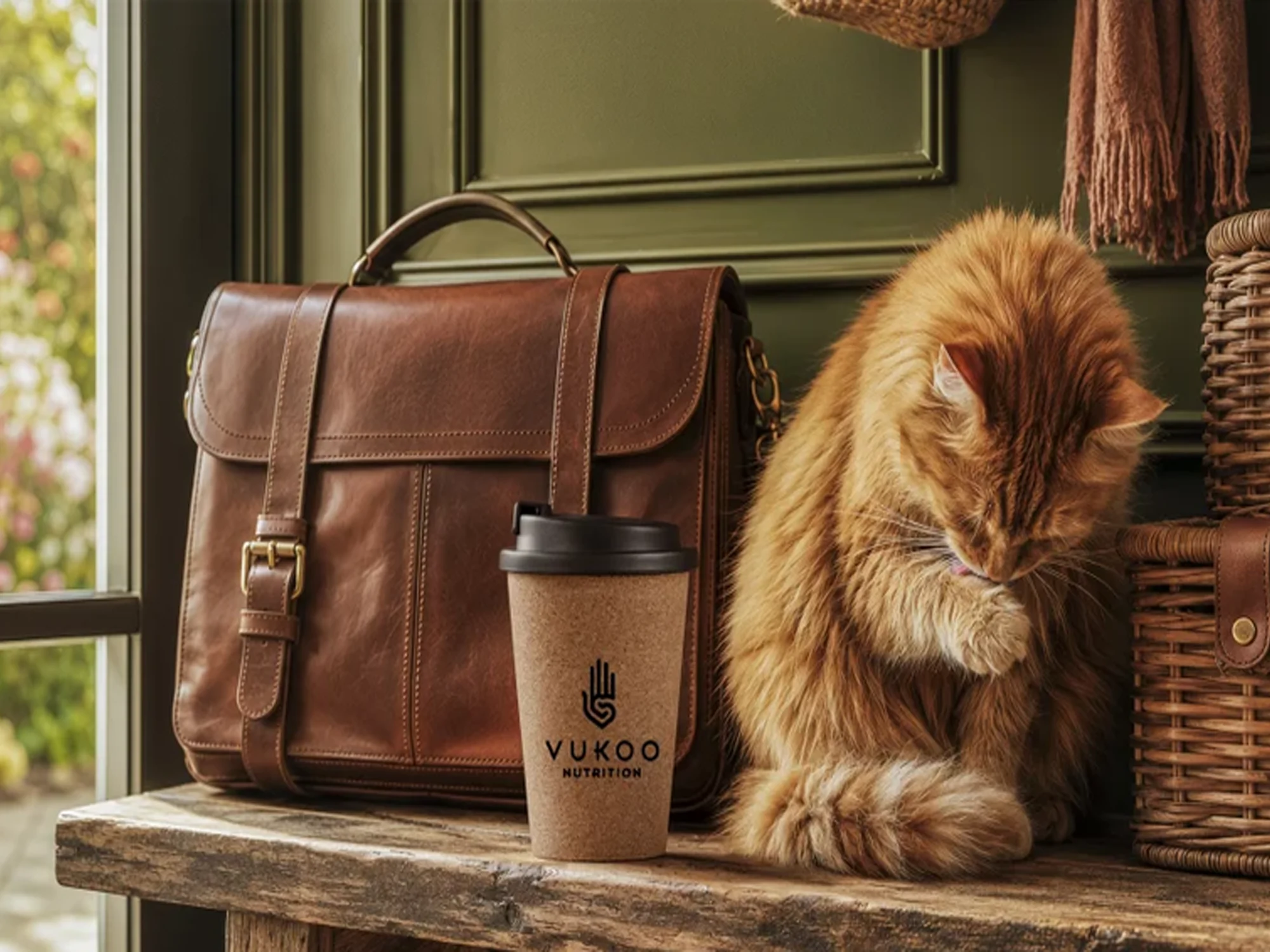 Cork travel mug branded with a client's logo, beside a leather satchel on a wooden bench