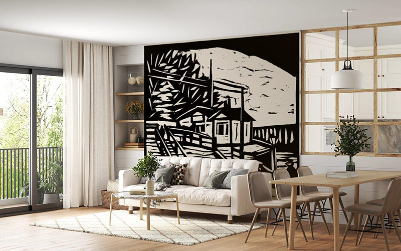 Smart-Art-The-living-room-has-been-designed-with-American-style-Wall-mockup-Ersnt-Ludwig-Kirchner-Shed-on-the-Bank-of-the-Elbe-1906