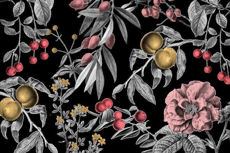 smart-art-floral-botanical-design-black-and-white-leaves-with-colourful-fuirts-berries-and-flowers