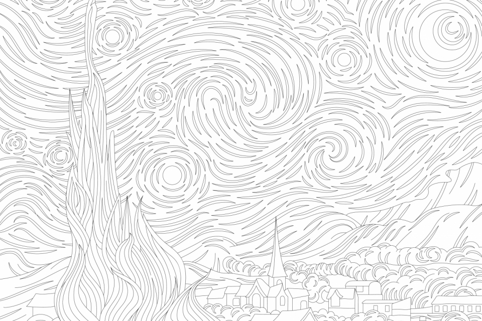 The Starry Night (1889) by Vincent van Gogh: adult coloring page