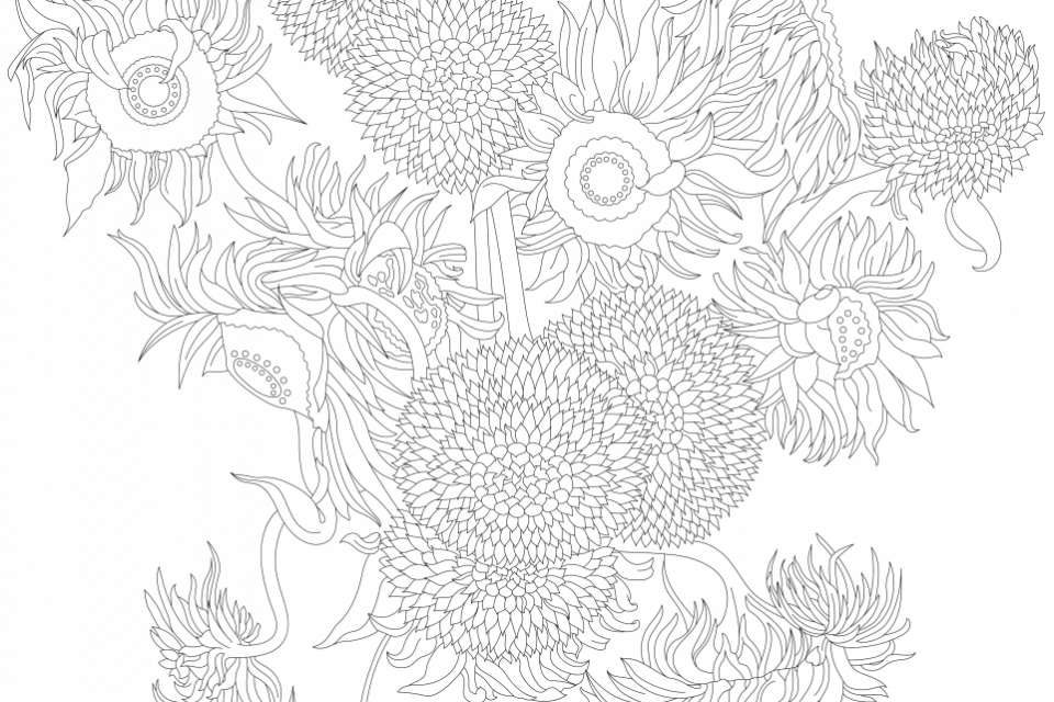 Sunflowers (1889) by Vincent van Gogh: adult coloring page