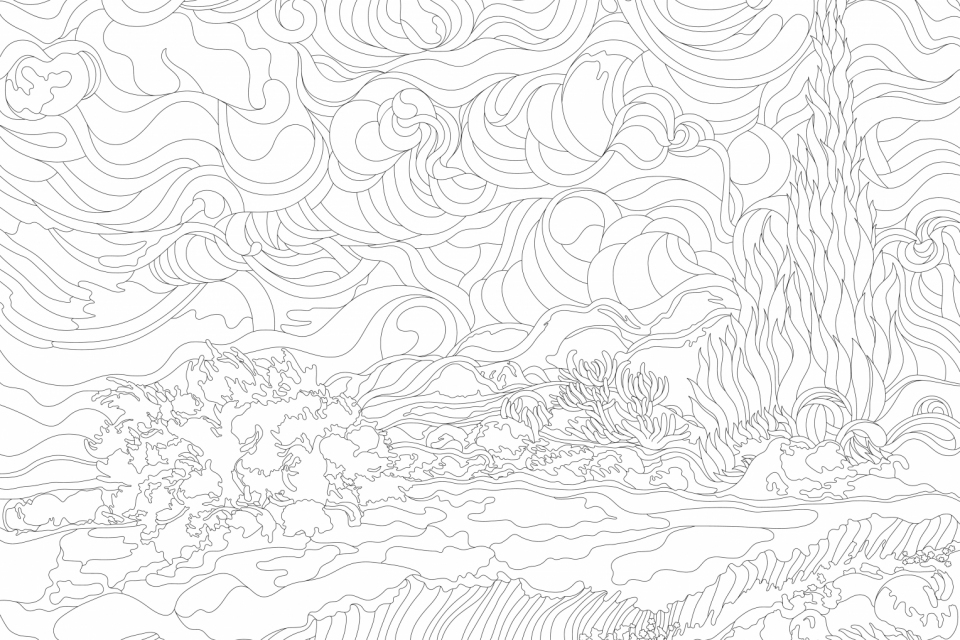 Wheat Field with Cypresses (1889-1890) by Vincent van Gogh : adult coloring page
