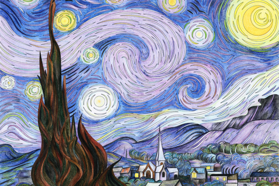 The Starry Night (1889) by Vincent van Gogh: adult coloring page
