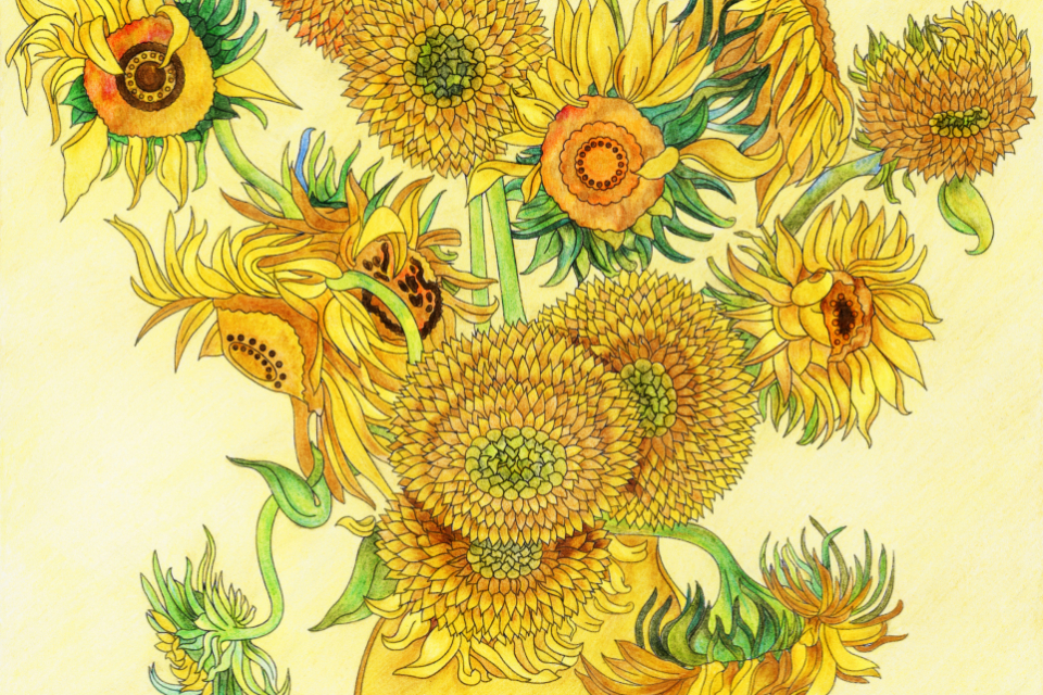 Sunflowers (1889) by Vincent van Gogh: adult coloring page