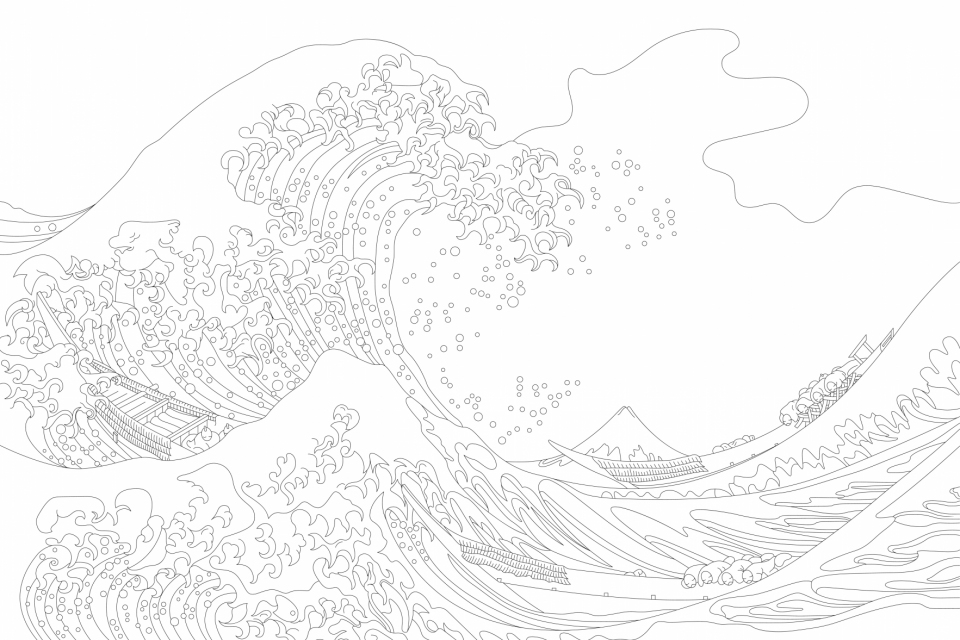 The Great Wave of Kanagawa (1829–1833) by Katsushika Hokusai: adult coloring page