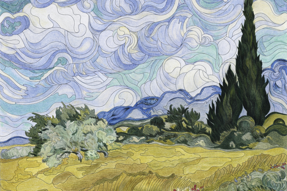 Wheat Field with Cypresses (1889-1890) by Vincent van Gogh : adult coloring page