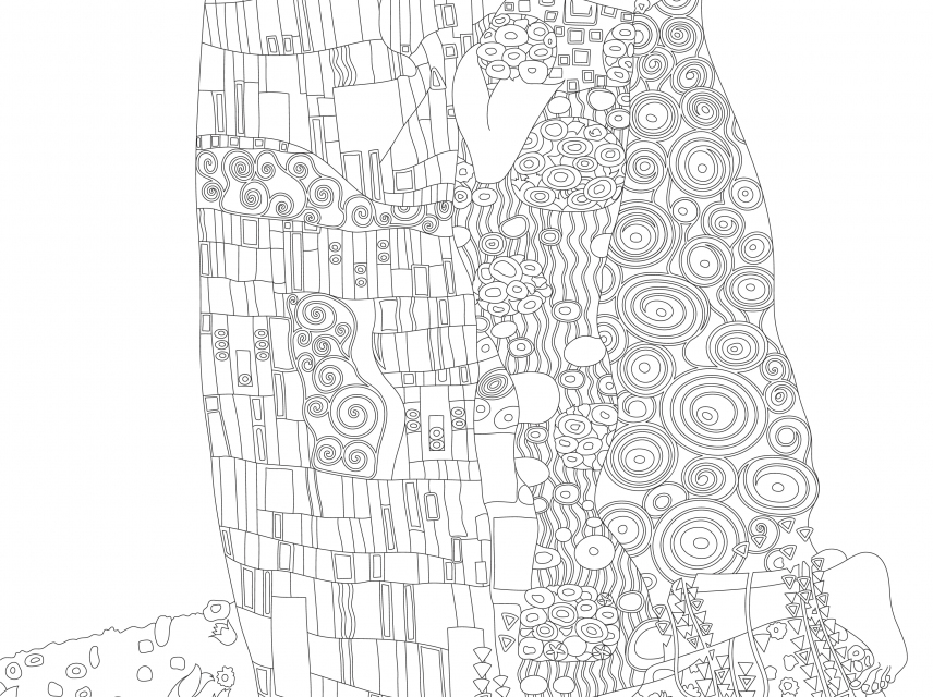 The kiss, painting by Gustav Klimt. Adult coloring page.
