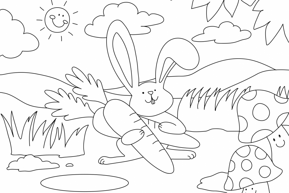 Easter bunny kids coloring page, blank printable design for children to color