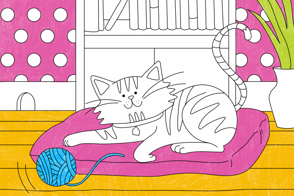 Cute tabby cat illustration psd, editable kids coloring page