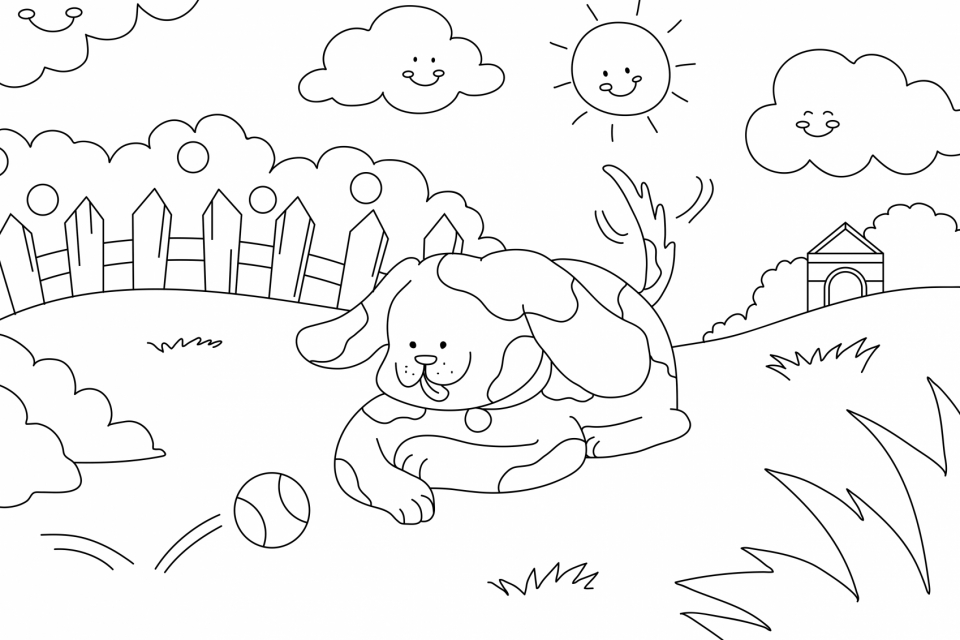 Dog kids coloring page, blank printable design for children to color
