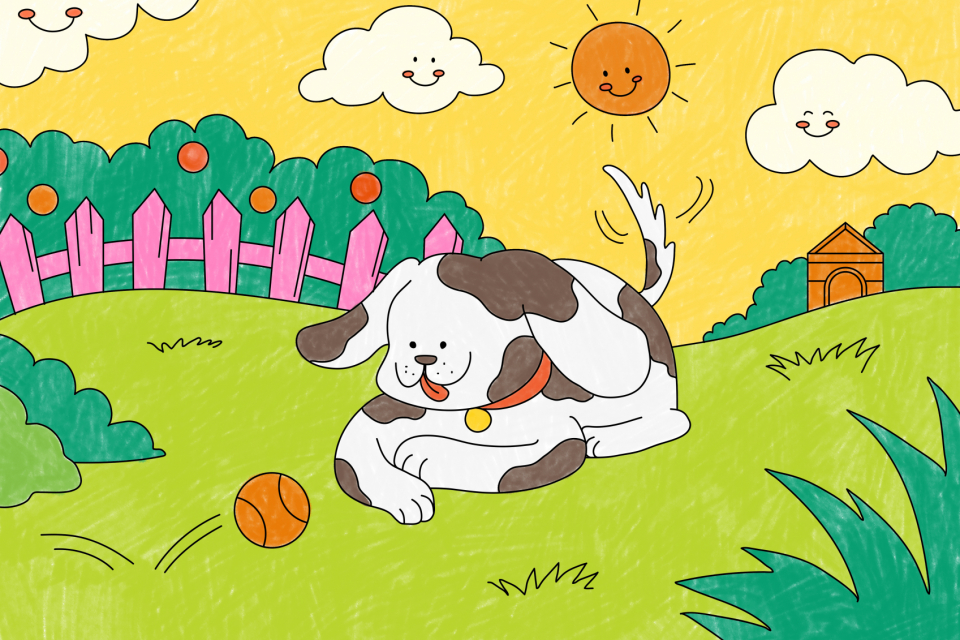 Cute dog in garden illustration, editable kids coloring page psd