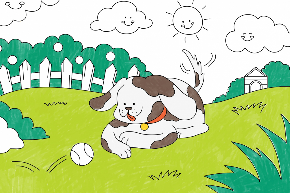 Cute dog in garden illustration, editable kids coloring page vector