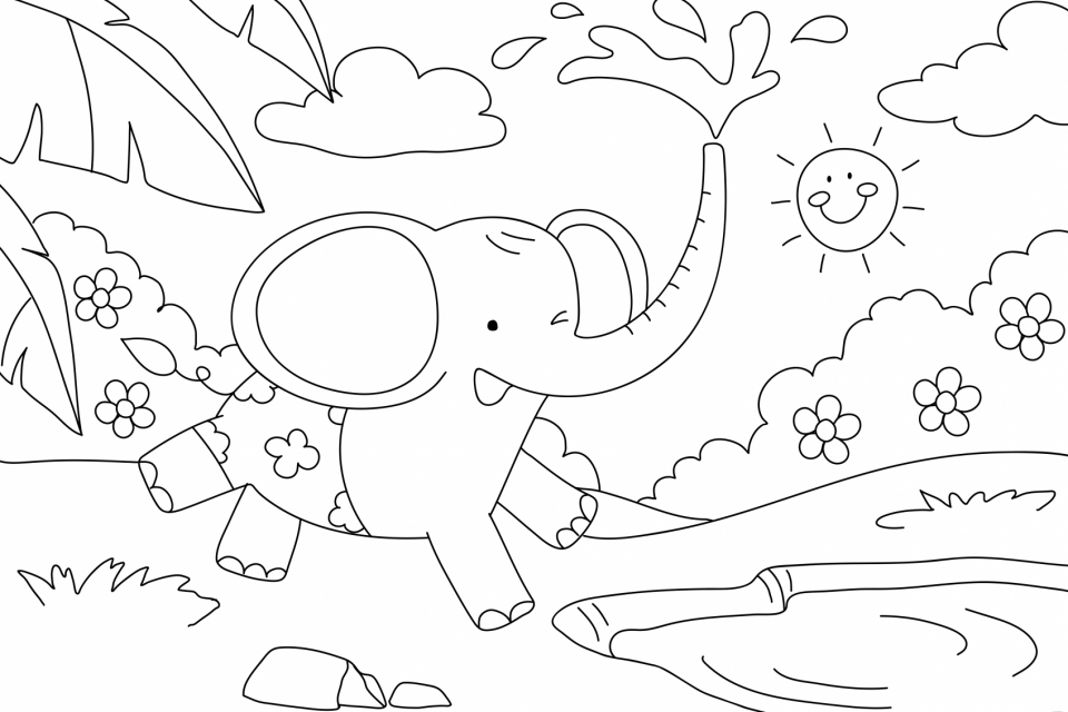 Elephant kids coloring page, blank printable design for children to color