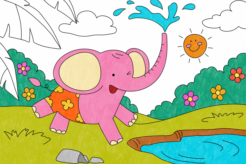 Pink elephant illustration psd, editable kids coloring page
