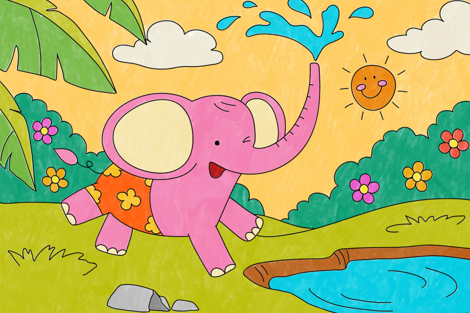 Pink elephant illustration, editable kids coloring page vector