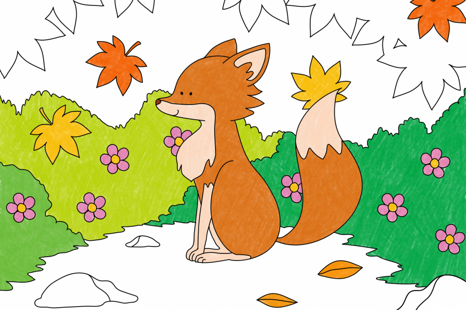 Fox in autumn illustration psd, editable kids coloring page