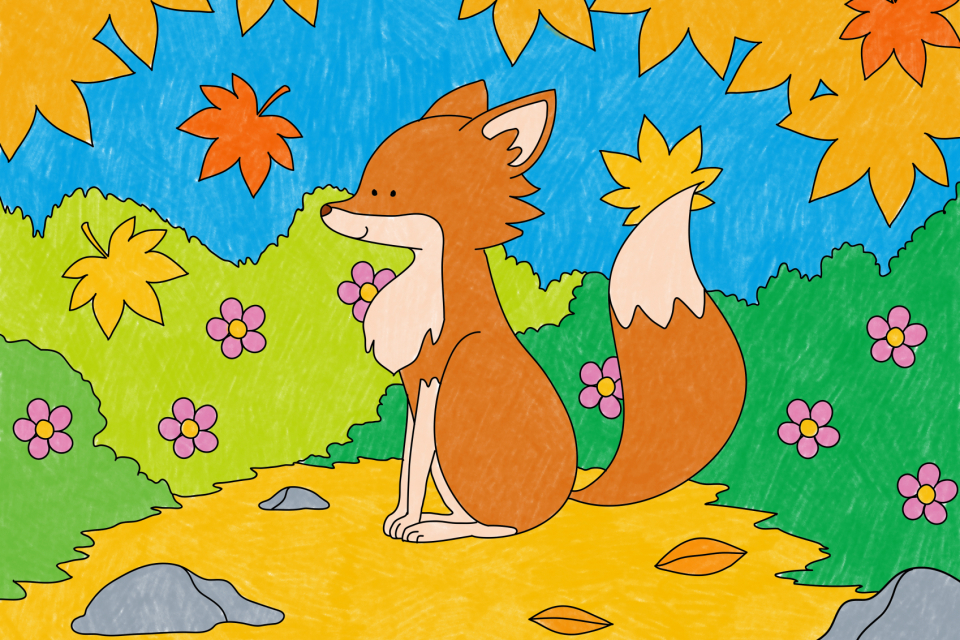 Fox in autumn illustration psd, editable kids coloring page