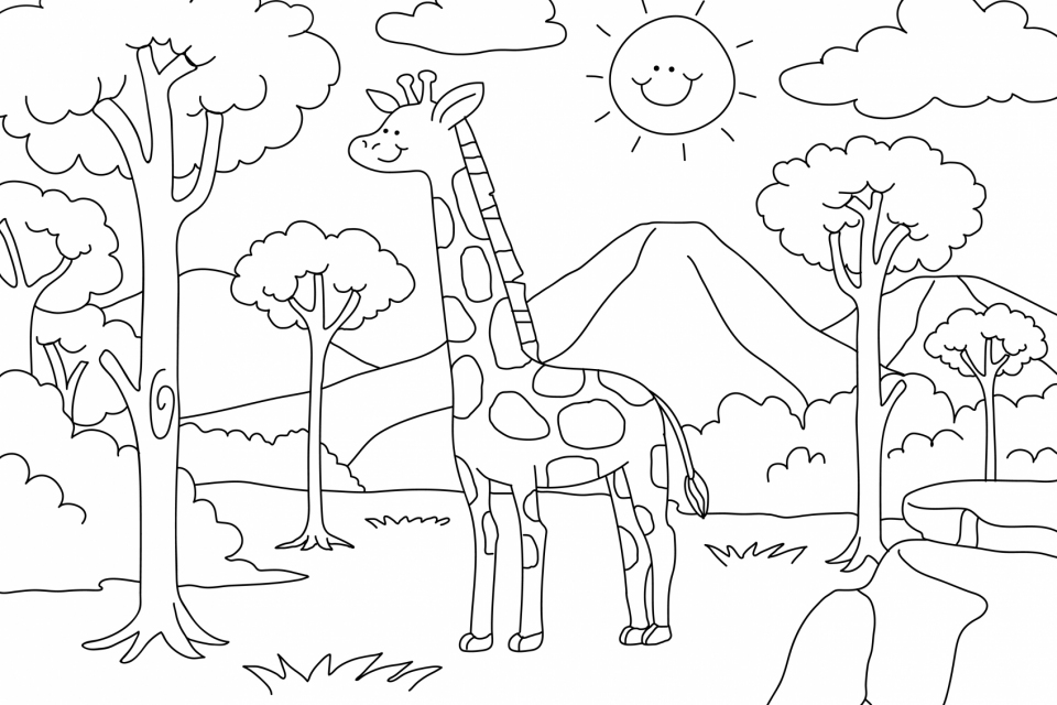 Giraffe kids coloring page vector, blank printable design for children to fill in