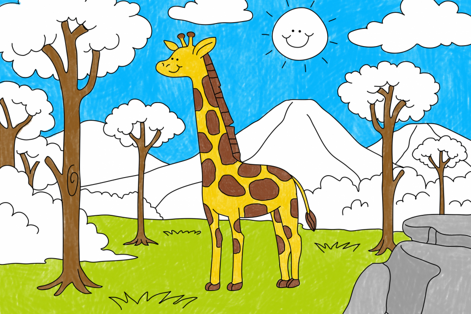 Cute giraffe illustration psd, editable kids coloring page