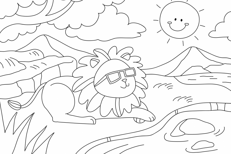 Lion kids coloring page, blank printable design for children to color