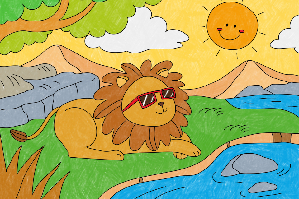 Cool lion sunbathing illustration psd, editable kids coloring page